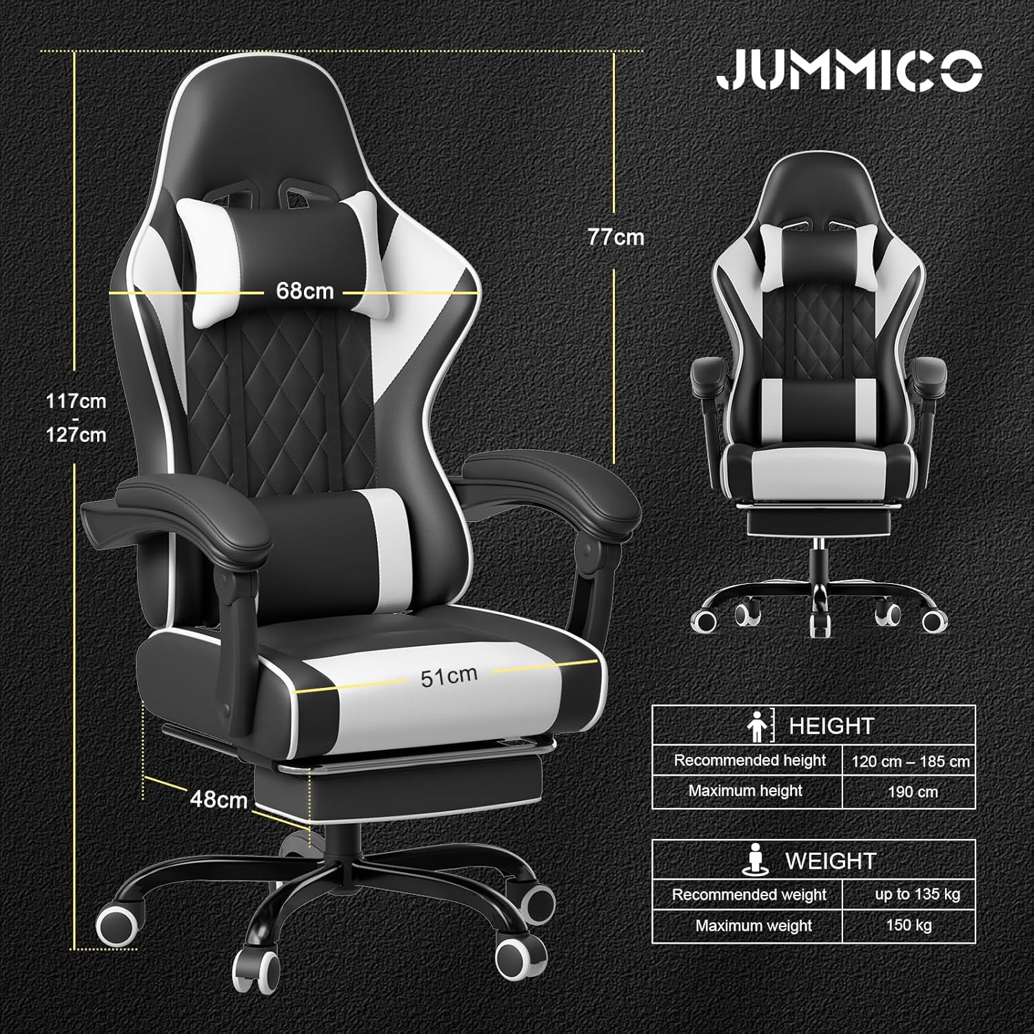 Gaming Chairs - JUMMICO Gaming Chair, Desk Chair with Massage Function, Office Chair Ergonomic with Footrest, 150 kg, White – Bild 3