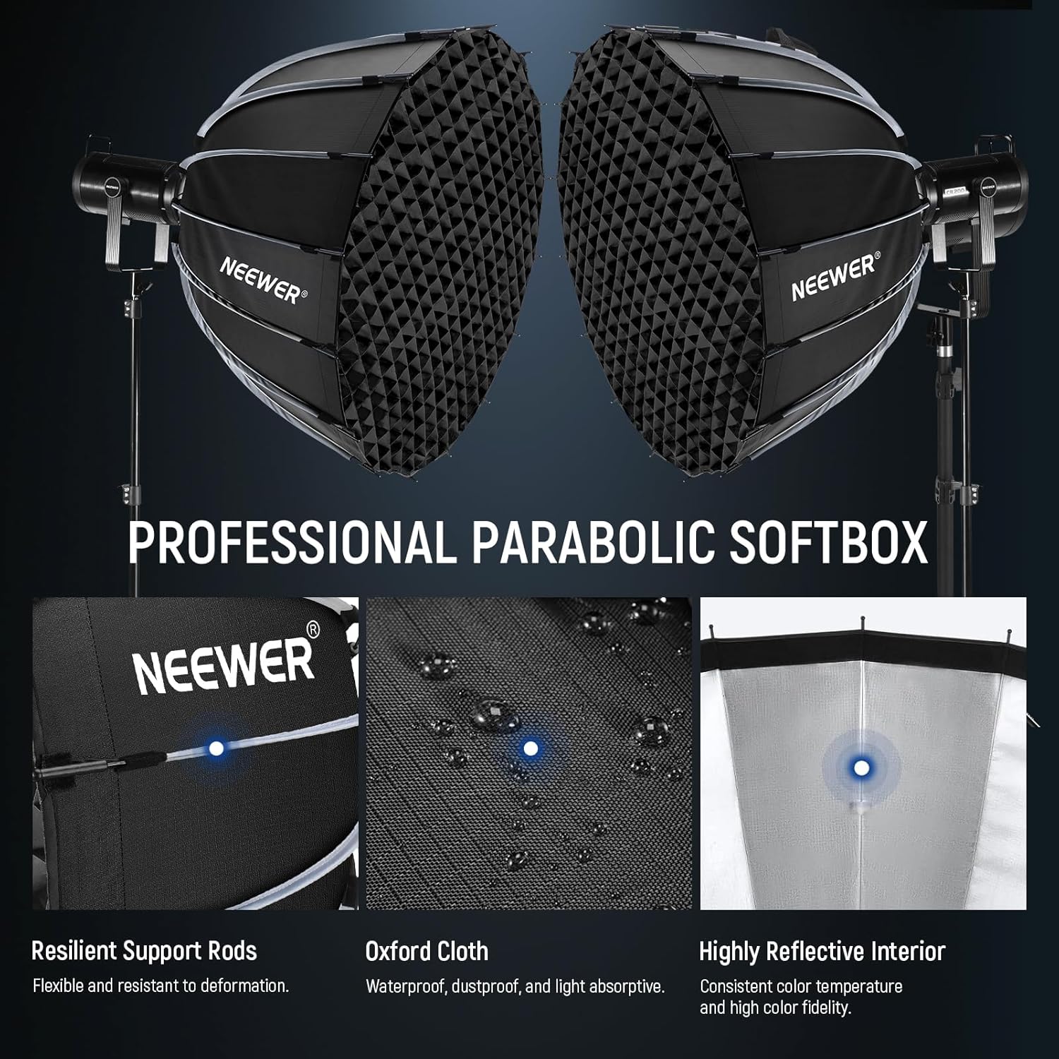 Streaming-Equipment - NEEWER Parabol Softbox Set, 35.4 Inch Softboxes with Bowens Mount and Light Diffusers for Studio, Video, Streaming Lighting, Compatible with Aputure 120d, Compatible with Godox SL60w, NS72P – Bild 3