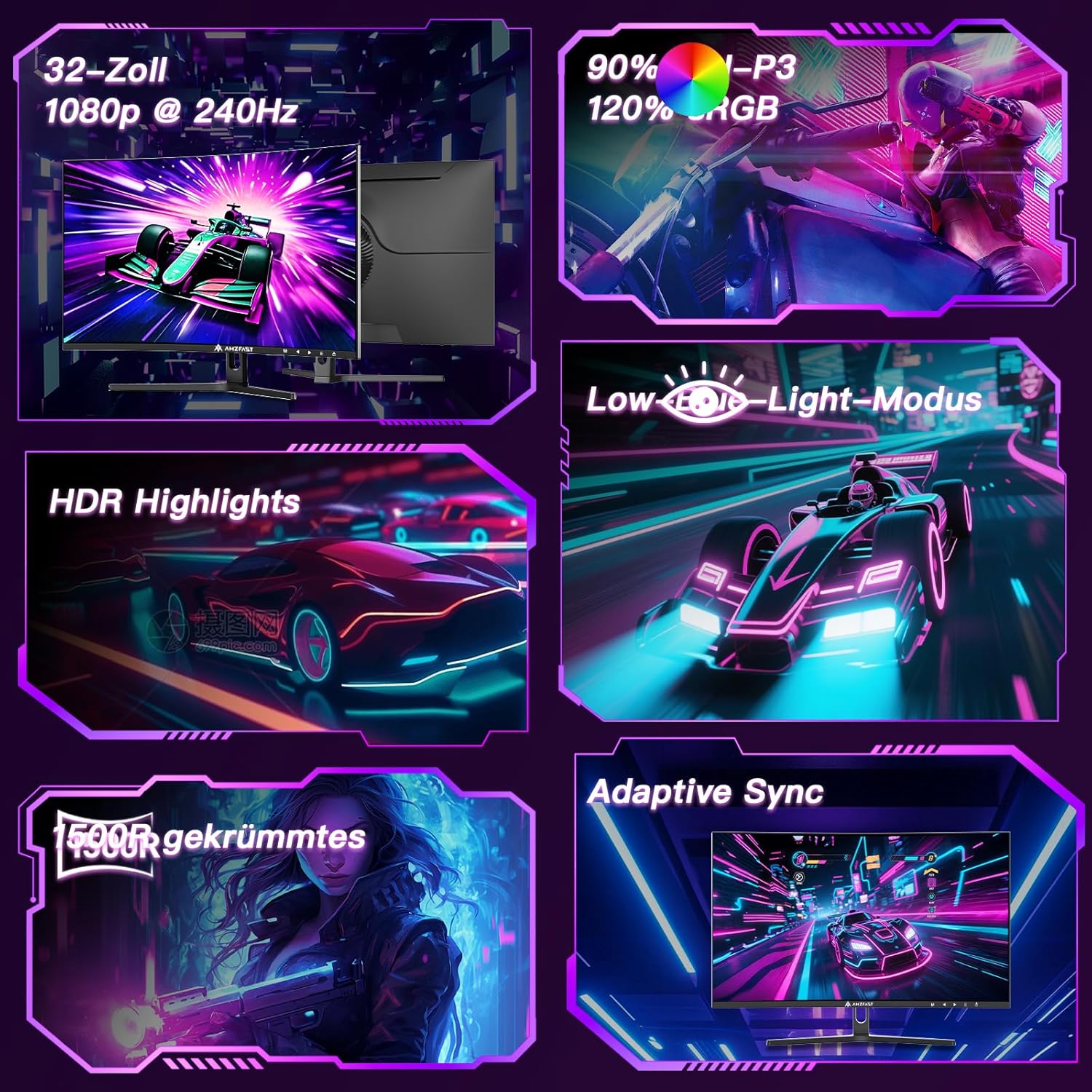 Gaming PC & Gaming Monitors - Amzfast 32 Inch Curved Gaming Monitor (240Hz, 1920x1080, 1ms MPRT, 1500R), Adaptive Sync, 90% DCI-P3, 120% sRGB, 300cd/m², HDMI 2.0 & DisplayPort 1.4 (AMZG32C3F) – Bild 3