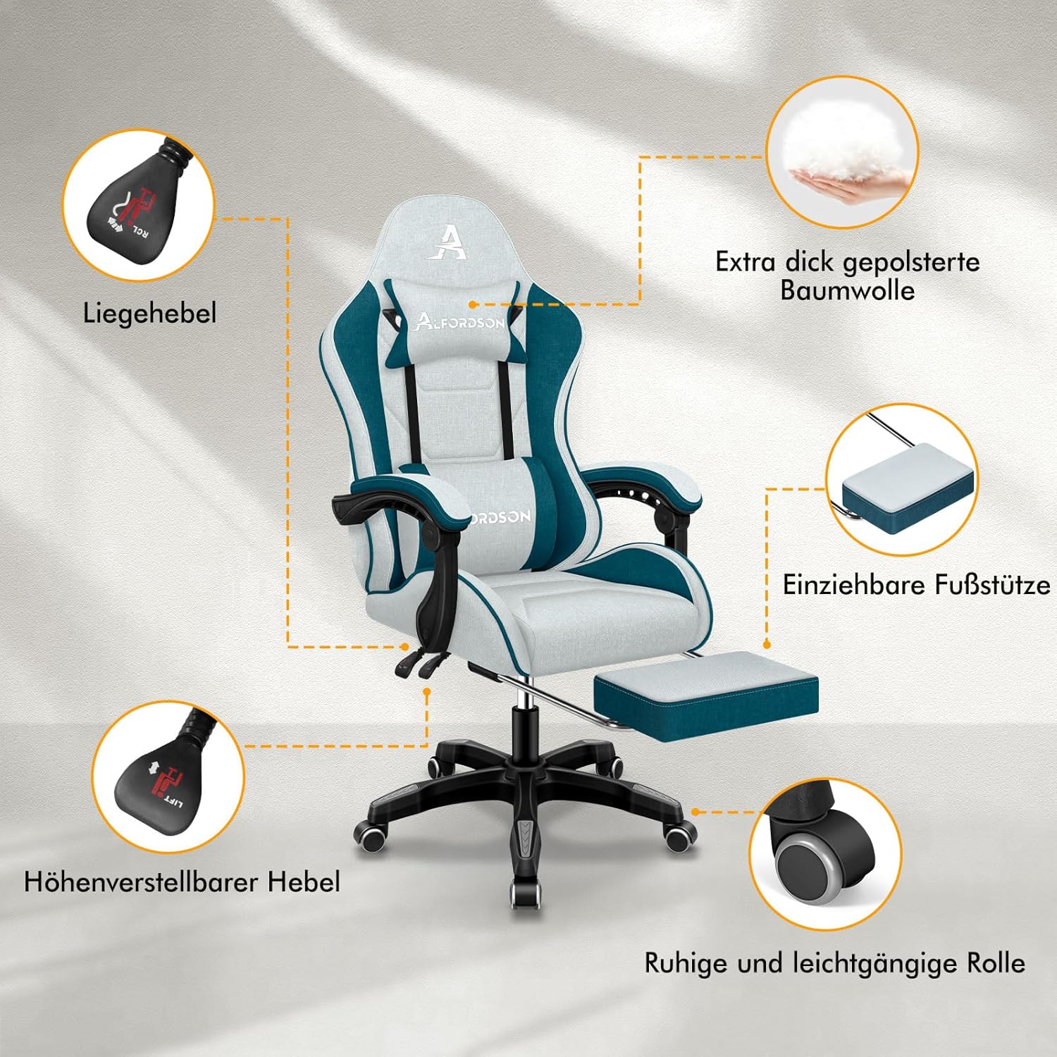 Gaming Chairs - ALFORDSON Office Chair, Gaming Chair, Massage, Ergonomic Gamer Chair with Footrest, Headrest, Massage Lumbar Cushion, Padded, Swivel Chair Made of Linen Fabric, Dark Teal – Bild 5