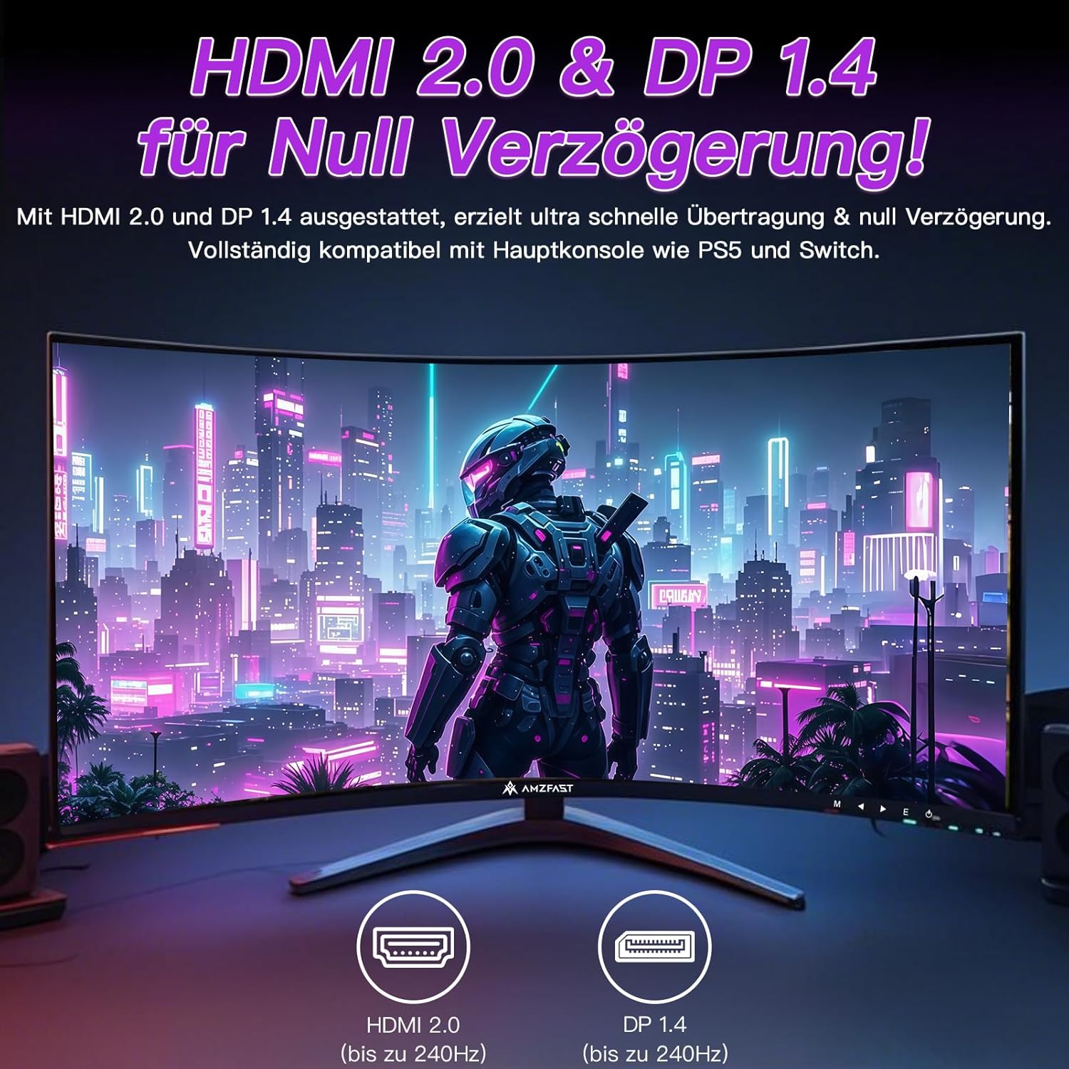 Gaming PC & Gaming Monitors - Amzfast 32 Inch Curved Gaming Monitor (240Hz, 1920x1080, 1ms MPRT, 1500R), Adaptive Sync, 90% DCI-P3, 120% sRGB, 300cd/m², HDMI 2.0 & DisplayPort 1.4 (AMZG32C3F) – Bild 4