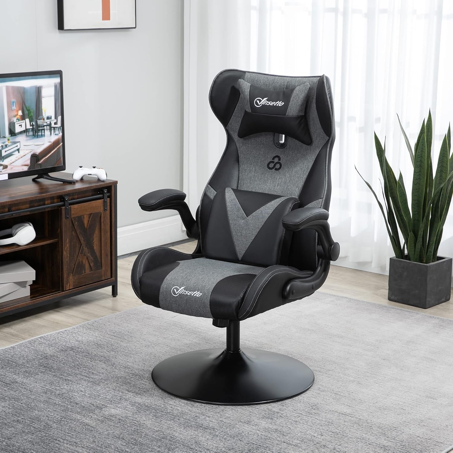Gaming Chairs - Vinsetto Gaming Chair Ergonomic Gamer Chair with Adjustable Armrest, Lumbar Support, Pillow Height Adjustable Gaming Chair with Rocker Function, Faux Leather, Linen Look, Black + Grey – Bild 2
