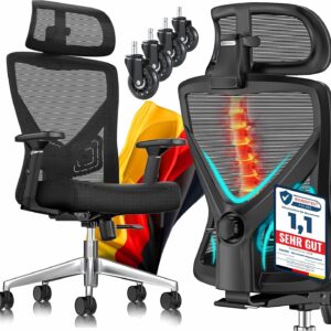 Gaming Chairs – KESSER Ergonomic Office Chair with Adjustable Armrests Swivel Chair with Lumbar Support Back-friendly Desk Chair with Headrest Office Chair Rocker Function up to 125° with 5 x Rubber Wheels