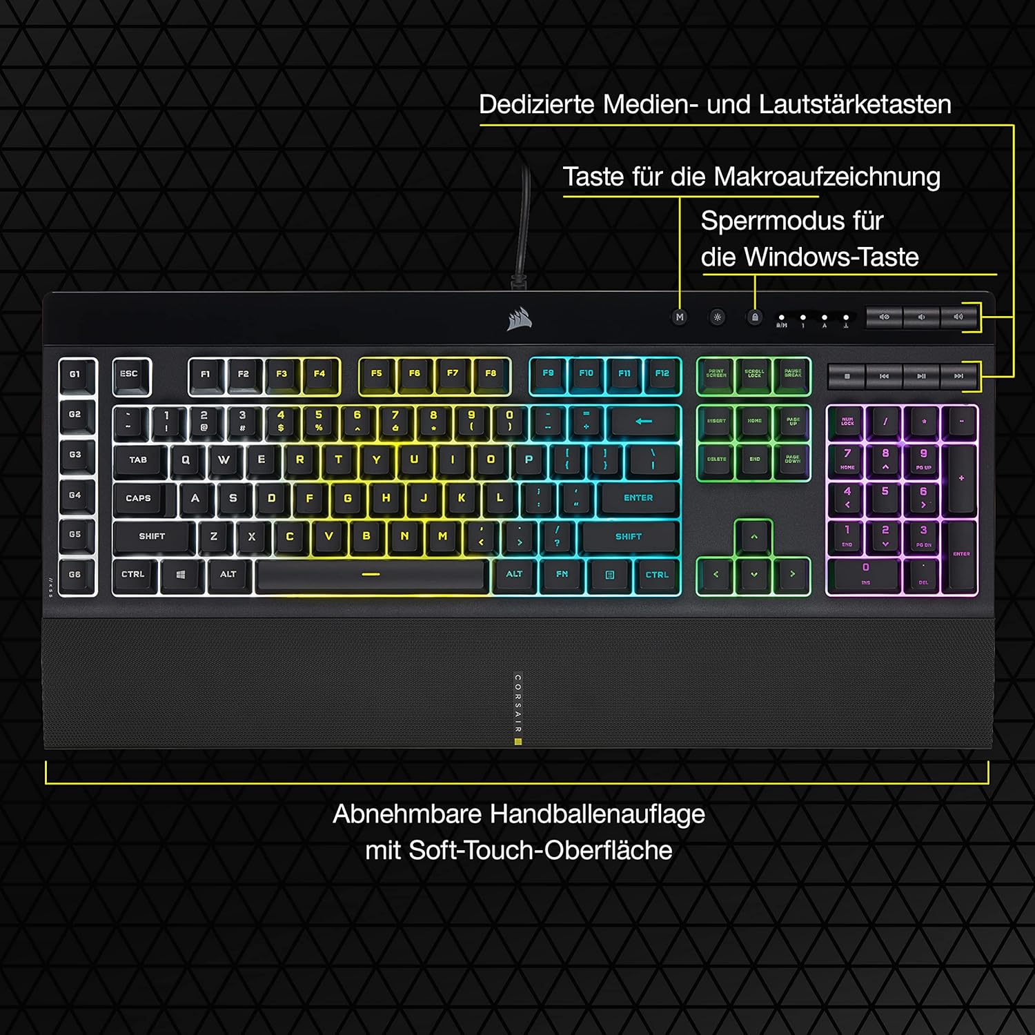 Gaming Tastatur & Maus - CORSAIR K55 RGB PRO Wired Membrane Gaming Keyboard (Dynamic RGB Backlight, 6 Macro Keys with Elgato Software Integration, IP42 Dust and Splash Protection), QWERTZ, Black. – Bild 8