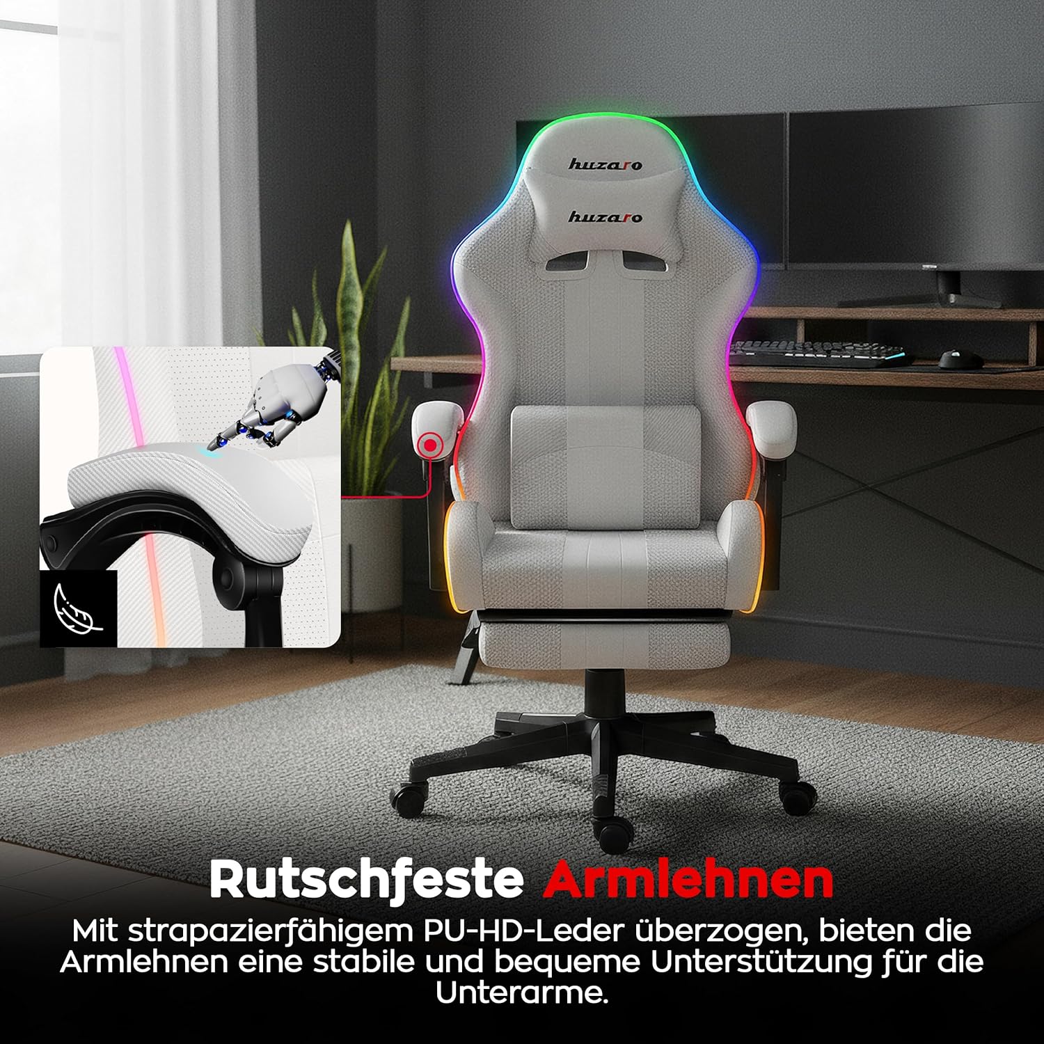 Gaming Chairs - huzaro Force RGB Mesh, Gaming Chair, Office Chair, Computer Chair, Ideal for People up to 185 cm, Headrest Lumbar Cushion, Gamer Chair with Footrest, Gaming Chair 140 kg Load Capacity, White – Bild 8