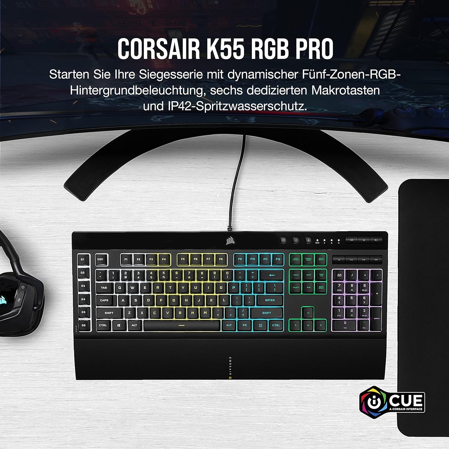 Gaming Tastatur & Maus - CORSAIR K55 RGB PRO Wired Membrane Gaming Keyboard (Dynamic RGB Backlight, 6 Macro Keys with Elgato Software Integration, IP42 Dust and Splash Protection), QWERTZ, Black. – Bild 3