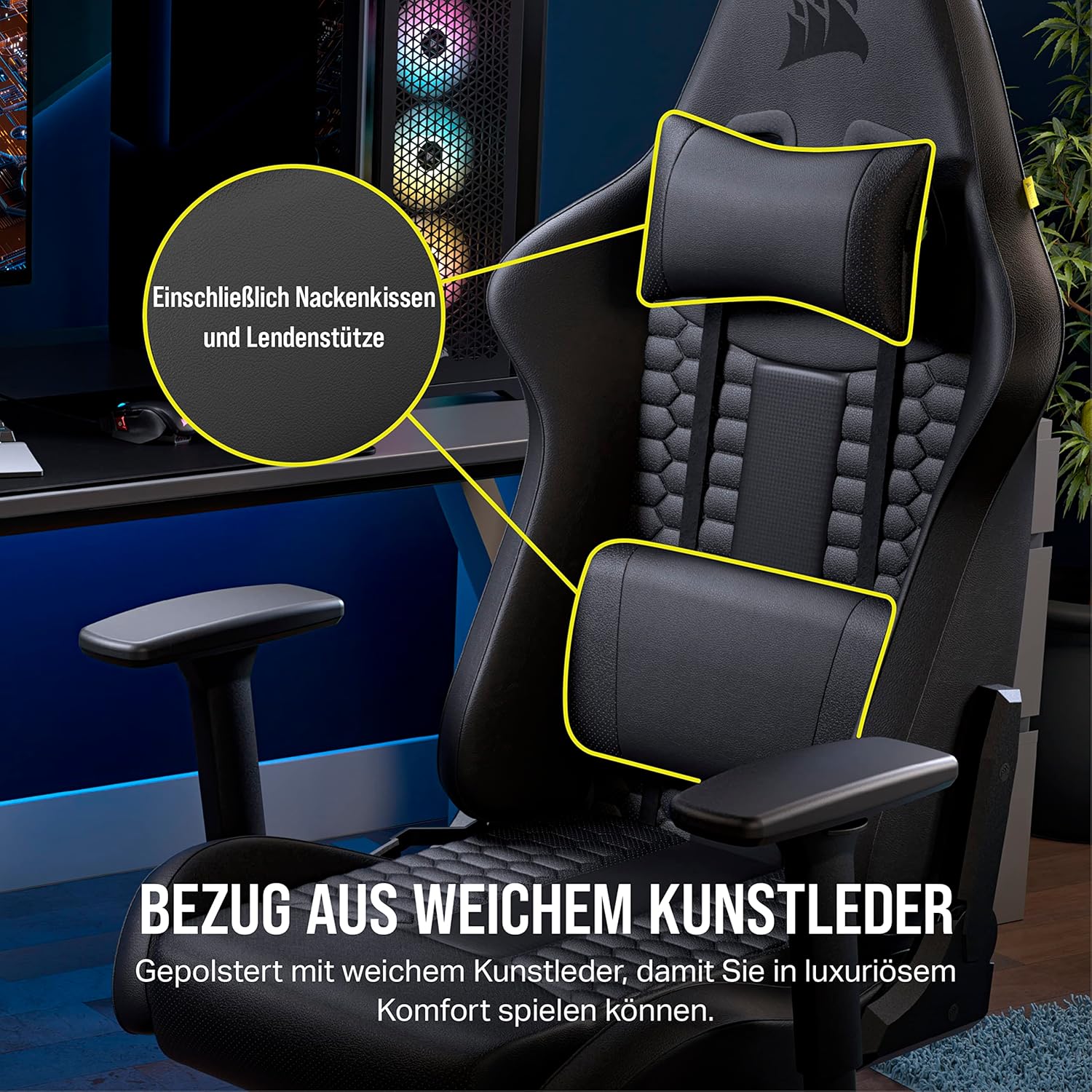 Gaming Chairs - Corsair TC100 Relaxed Gaming Chair - Faux Leather - Racing Inspired Design - Lumbar Cushion - Removable Memory Foam Neck Pillow - Adjustable Armrests - Black – Bild 5