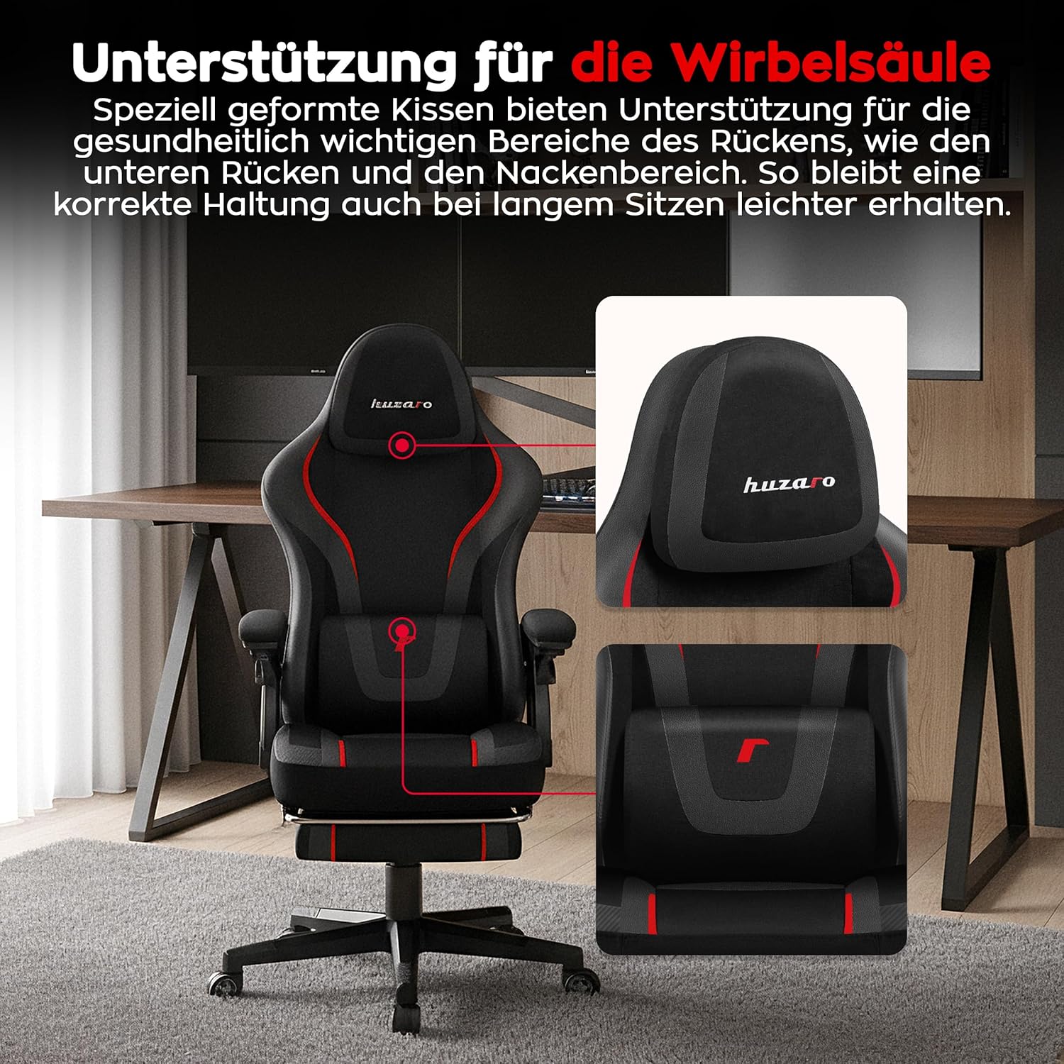 Gaming Chairs - huzaro Force 4.6 Carbon Gaming Chair with Footrest and SoftFlex Mechanism, Ergonomic Chair with Adjustable Headrests and Lumbar Cushion, for Gamers and Office, Pack of 1 – Bild 4