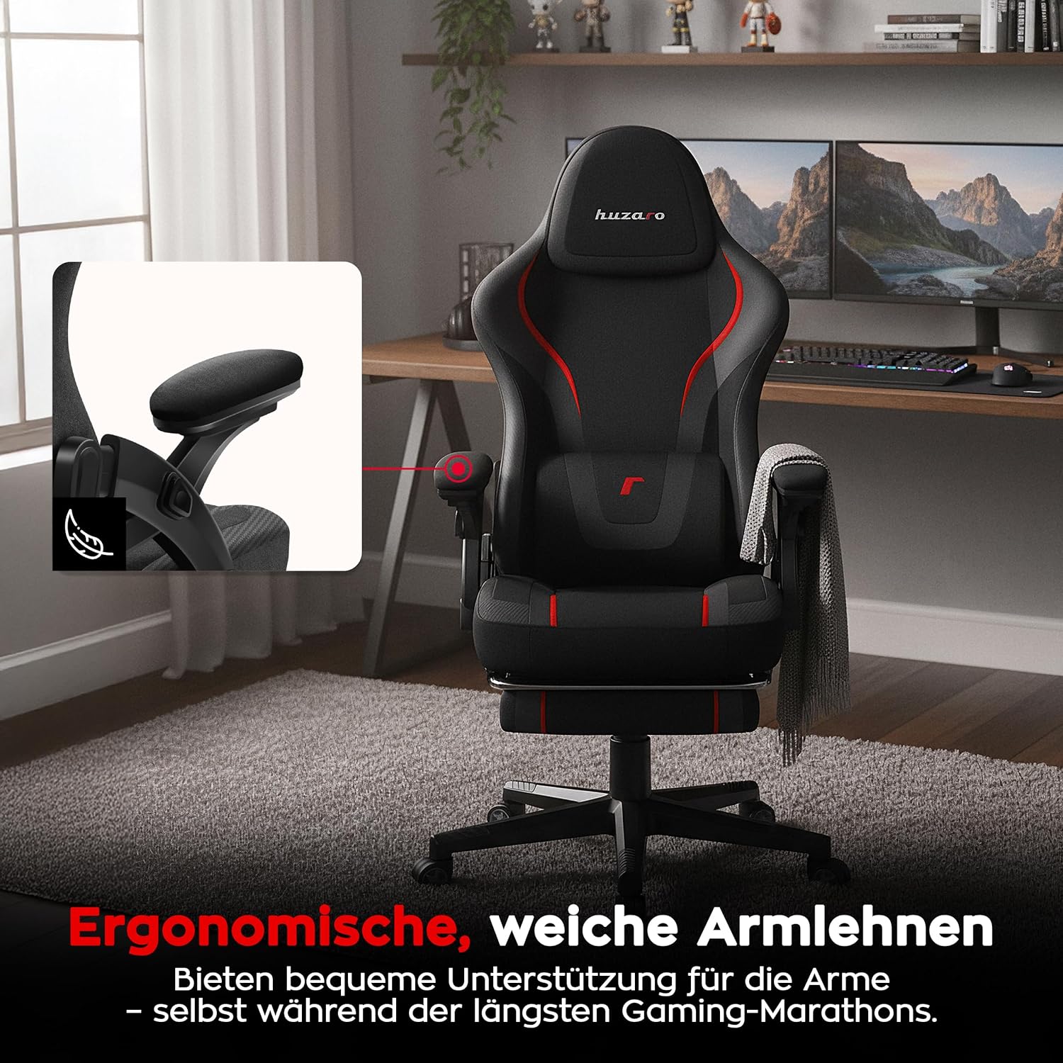 Gaming Chairs - huzaro Force 4.6 Carbon Gaming Chair with Footrest and SoftFlex Mechanism, Ergonomic Chair with Adjustable Headrests and Lumbar Cushion, for Gamers and Office, Pack of 1 – Bild 6