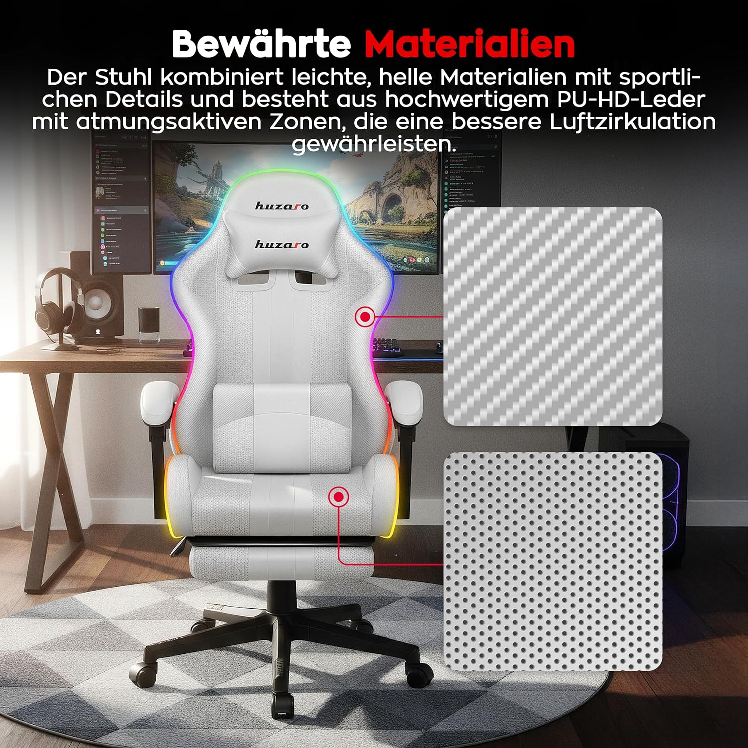Gaming Chairs - huzaro Force RGB Mesh, Gaming Chair, Office Chair, Computer Chair, Ideal for People up to 185 cm, Headrest Lumbar Cushion, Gamer Chair with Footrest, Gaming Chair 140 kg Load Capacity, White – Bild 6