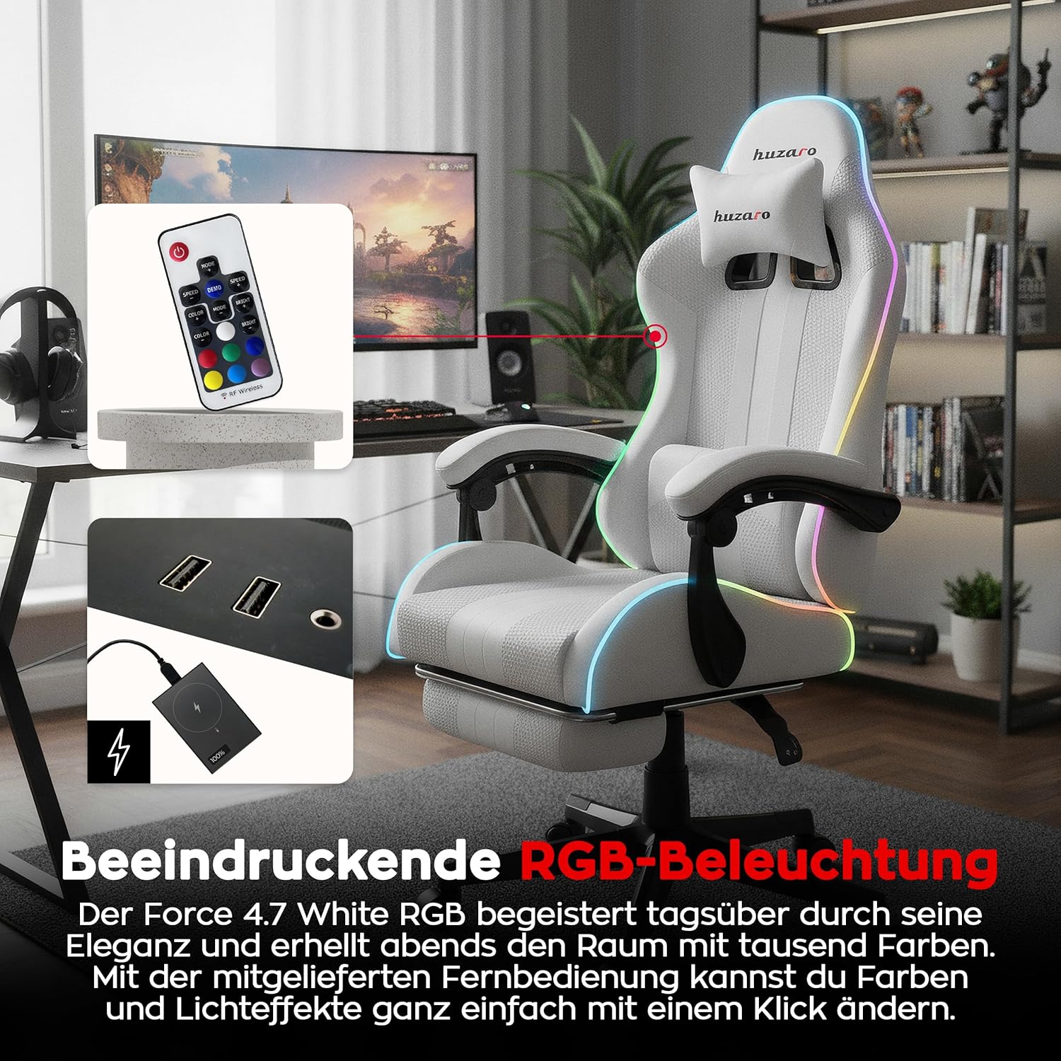 Gaming Chairs - huzaro Force RGB Mesh, Gaming Chair, Office Chair, Computer Chair, Ideal for People up to 185 cm, Headrest Lumbar Cushion, Gamer Chair with Footrest, Gaming Chair 140 kg Load Capacity, White – Bild 4