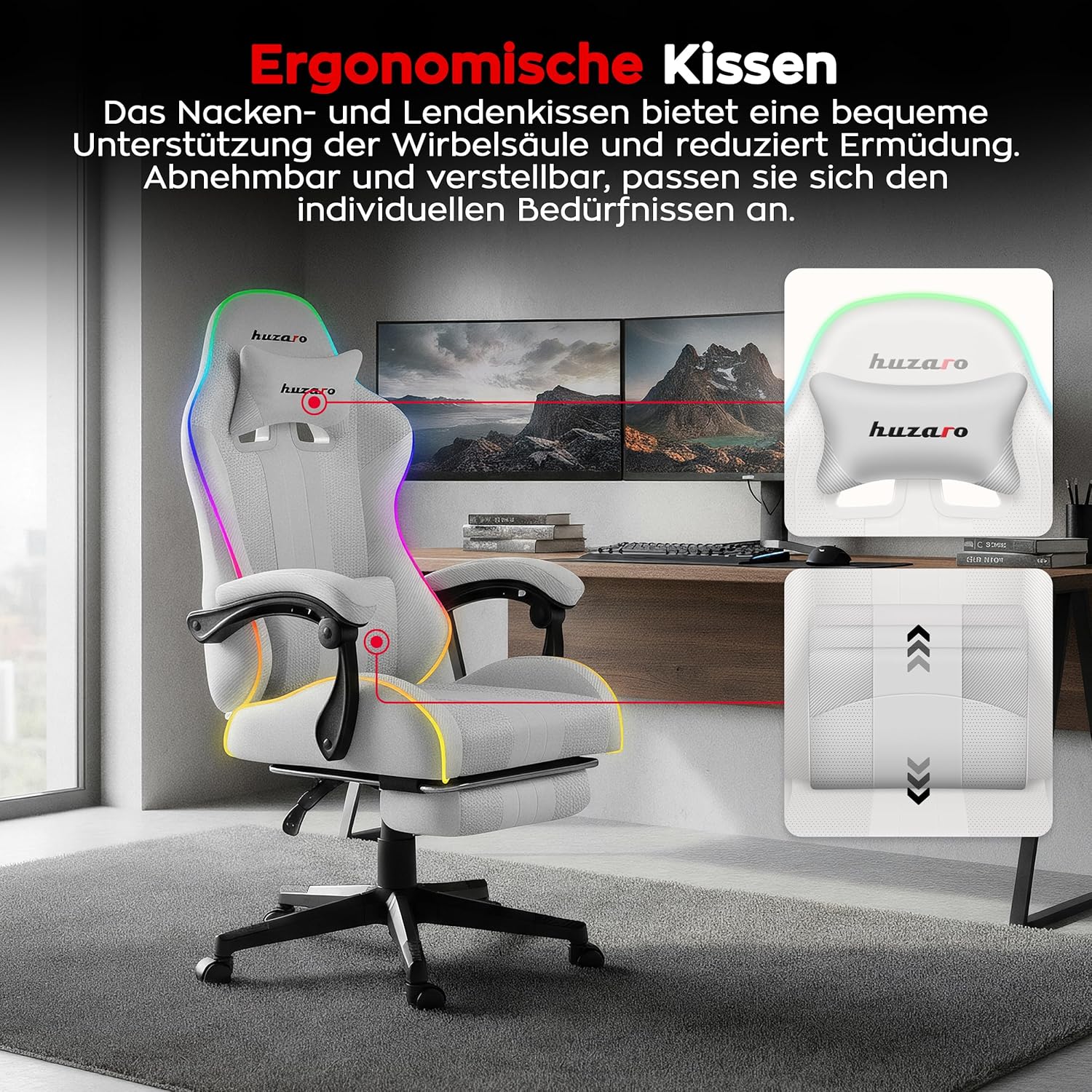 Gaming Chairs - huzaro Force RGB Mesh, Gaming Chair, Office Chair, Computer Chair, Ideal for People up to 185 cm, Headrest Lumbar Cushion, Gamer Chair with Footrest, Gaming Chair 140 kg Load Capacity, White – Bild 5