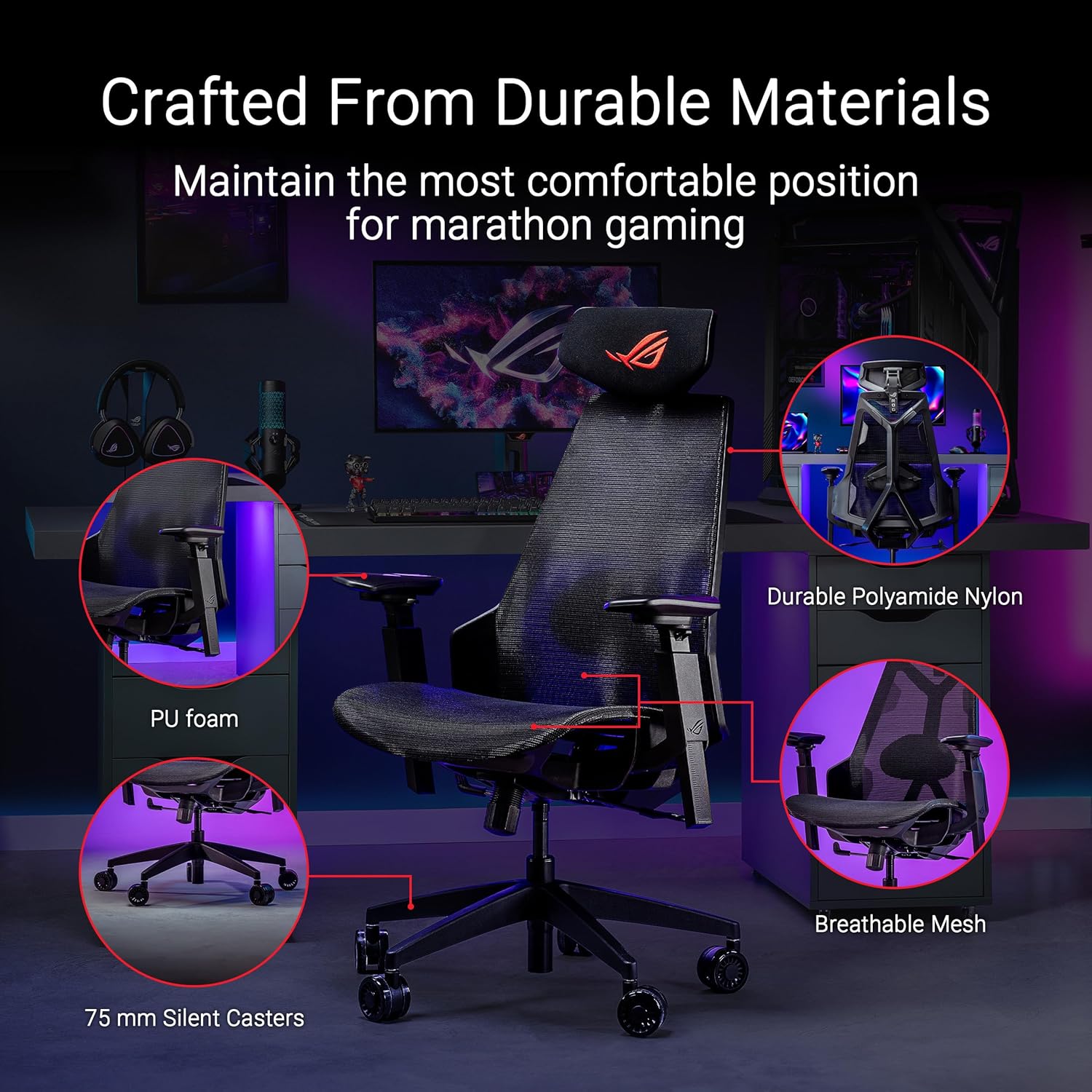 Gaming Chairs - ASUS ROG Destrier Ergo Core Gaming Chair (Ergonomic Gaming Chair, 360 Degree Armrests with up to 14 cm Height for Mobile Gaming, Nylon Frame, Mesh, Adjustable Lumbar Support and Headrest) – Bild 5