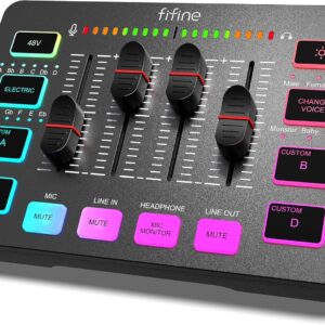 Streaming-Equipment – FIFINE Gaming Audio Mixer for PC, RGB Sound Card for XLR Microphone, Audio Interface for Streaming Musicians, Mixer for Gamer Creators Live Youtube, Individual Control, Voice Changer