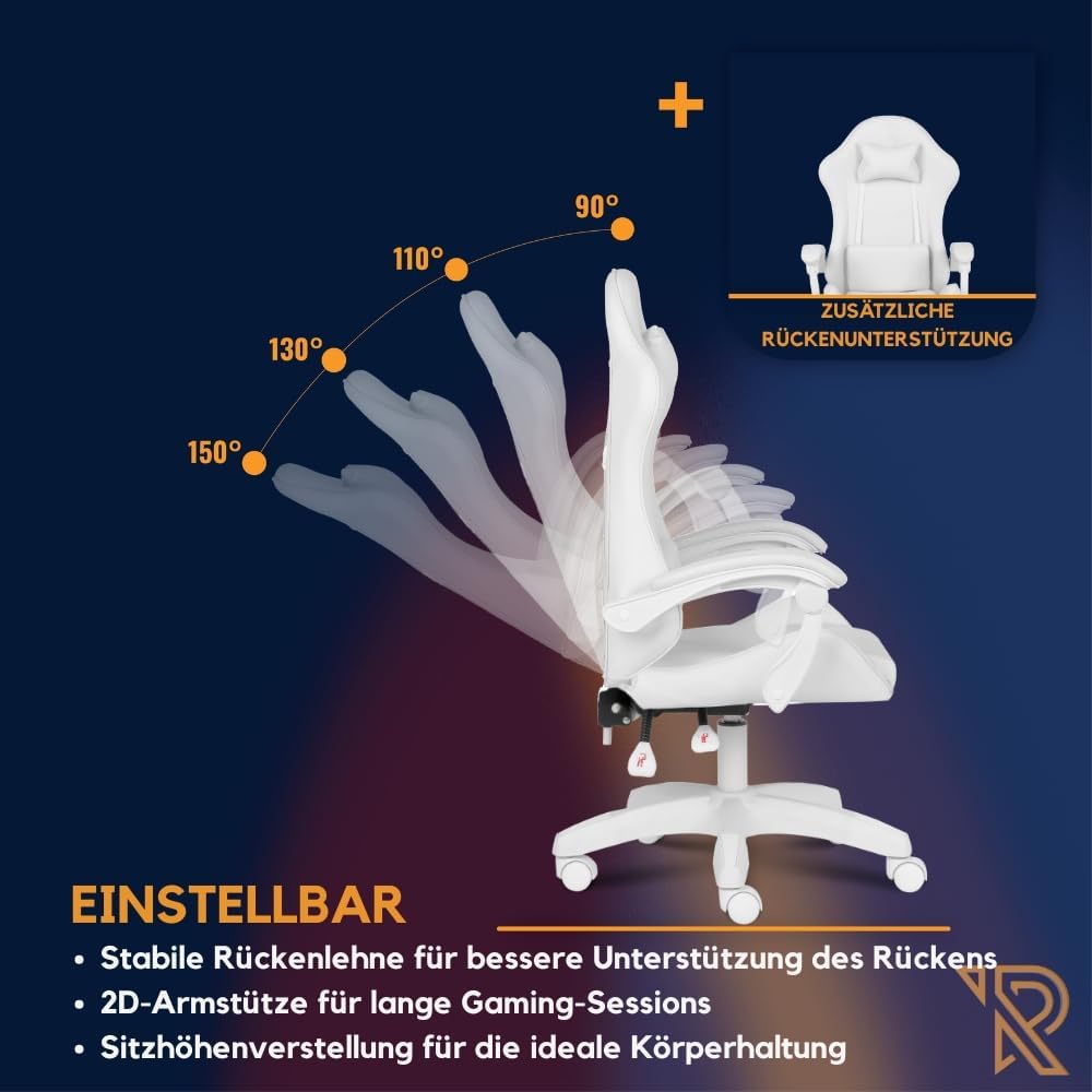 Gaming Chairs - Apollo Gaming Chair, Office Chair, PC Chair, Gamer Chair with Headrest, Lumbar Cushion and Armrests, Adjustable Backrest 90-135°, Gaming Chair, White – Bild 8