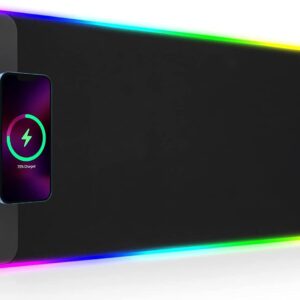 Gaming Tastatur & Maus – GIM RGB Gaming Mouse Mat, 10 W LED Qi Mouse Mat, 800 x 300 x 4 mm, 10 Light Modes with 10 W Quick Charge Qi Wireless Charging for iPhone 13/13 Pro Mobile Phones, Headphones, Waterproof, Non-Slip