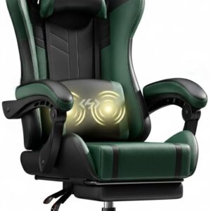 Gaming Chairs – Gaming Chair with Massage Function, Ergonomic Gamer Chair, Racing Gaming Chair with Footrest, Headrest and Massage Lumbar Cushion, Padded PC Chair, 150 kg Load Capacity, Black/Green