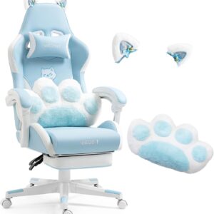 Gaming Chairs – Cute Gaming Chair with Cat Paw Lumbar Cushion and Cat Ears, Ergonomic Gamer Chair with Footrest, Adjustable PC Game Chair for Girls, Teenagers, Children, Blue