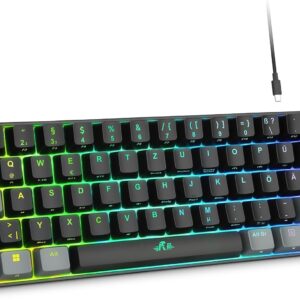 Gaming Tastatur & Maus – Rii Mechanical Gaming Keyboard, 60% Wireless RGB Illuminated Keyboard with Red Switch and N-Key Rollover for PC/Laptop/PS4/PS5, QWERTZ, Black/Grey (Bluetooth/2.4G/Cable)