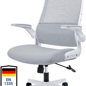 Gaming Chairs – Ergonomic Office Chair with Adjustable Headrest, Mesh Desk Chair, Folding Armrests, Wide Seat Cushion, Rocker Function, EN 1335 Computer Chair, Office Chair 200 kg, Desk Chair, Grey