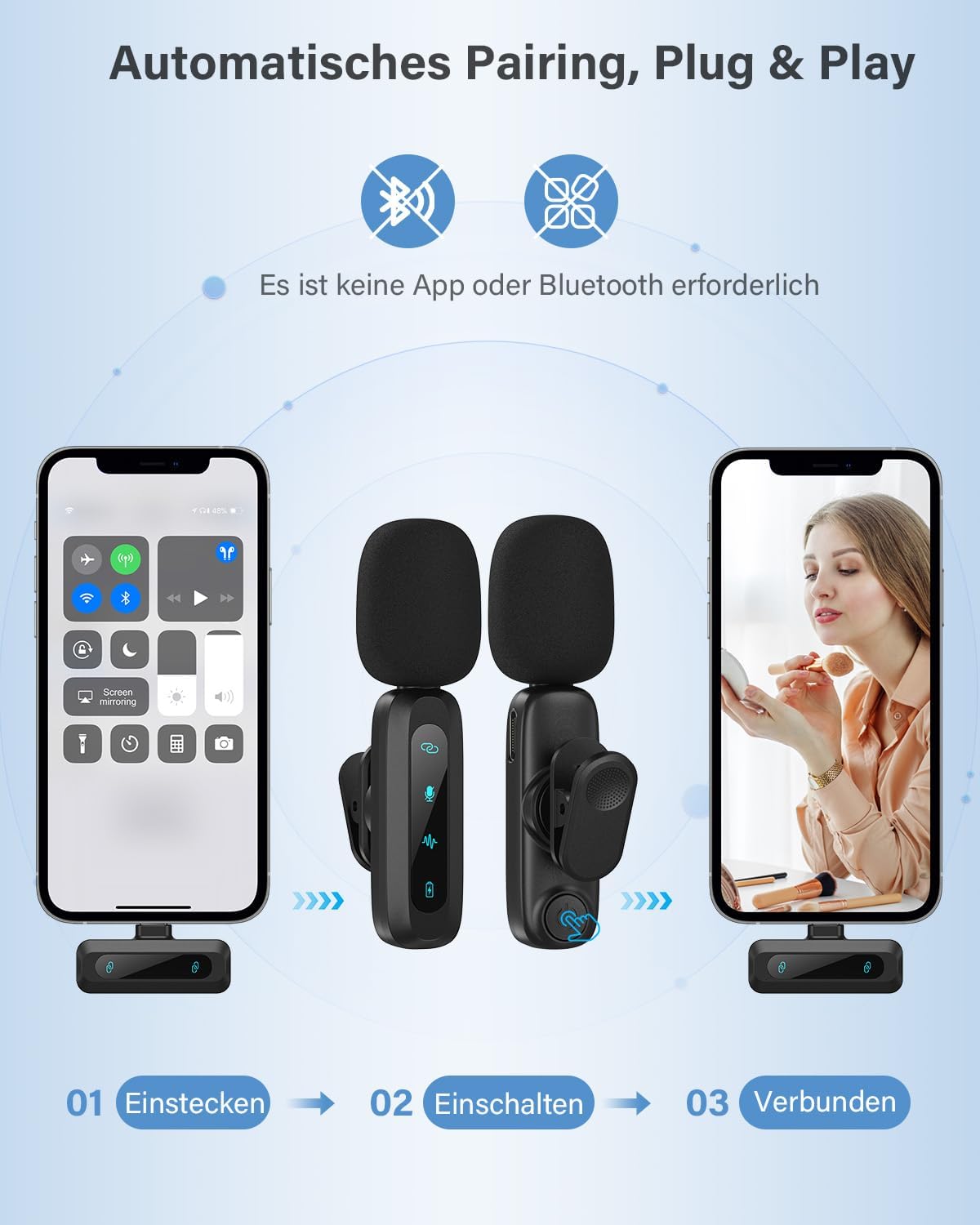 Streaming-Equipment - Wireless Lavalier Microphone for iPhone, iPad, Android Phone, 2-Pack Mini Noise Cancelling Microphone Auto Pairing and Mute and Reverb for Vlogging Video Recording TikTok YouTube – Bild 6
