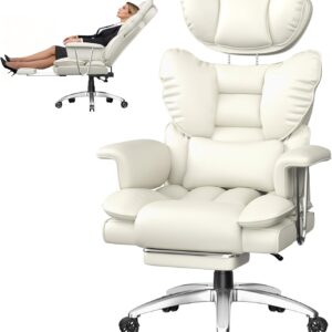 Gaming Chairs – naspaluro Office Chair with Footrest, Ergonomic Desk Chair with Extendable Headrest, Large Executive Chair Made of PU Leather with High Backrest, Computer Chair for Home Office, White