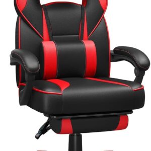 Gaming Chairs – SONGMICS OBG73BRV1 Gaming Chair, Desk Chair with Footrest, Office Chair with Headrest and Lumbar Cushion, Height-Adjustable, Ergonomic, 90–135° Tilt Angle, Maximum Load 150 kg, Black/Red