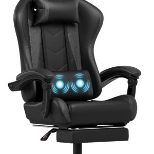 Gaming Chairs – Devoko Ergonomic Gaming Chair with Massage Function and Extendable Footrest, Adjustable Backrest 90-135°, Comfortable Office Chair for Home Office, Computer Chair 150 kg Load Capacity, Black