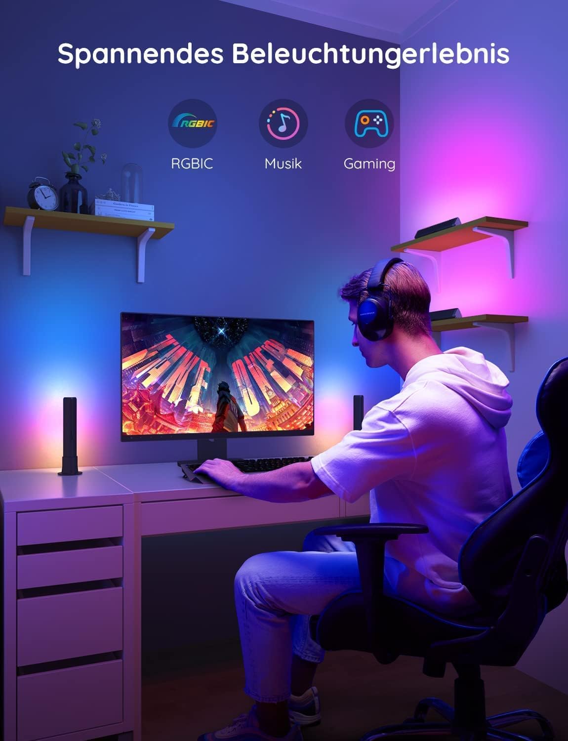 Streaming-Equipment - Govee Flow Plus Smart Lightbar, Gaming Lamp, Works with Alexa and Google Assistant, RGBICWW, WiFi, LED, TV Backlight Sync with Music, LED Ambient Light for Gaming, PC, TV – Bild 2