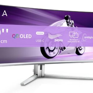 Gaming PC & Gaming Monitors – PHILIPS Evnia 49M2C8900AM – 49 Inch DQHD OLED Curved Gaming Monitor, 240 Hertz, 0.03 ms GtG, HDR400, Ambiglow (5120 x 1440, HDMI 2.1, DisplayPort 1.4, USB-C, USB Hub) White