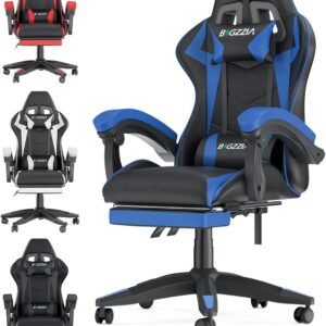 Gaming Chairs – bigzzia Gaming Chair Footrest, Gamer Chairs Ergonomic with Lumbar Cushion + Headrest, Height-Adjustable Office and Computer Chair for Adults, Girls, Boys (Blue)