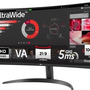 Gaming PC & Gaming Monitors – LG Electronics 34WR50QK-B.AEU UltraWide 1800R Curved QHD Monitor 34″, 3440 x 1440, 21:9, 5ms GtG, 100 Hz, HDR10, 99% sRGB, PBP Mode, OnScreen Control, AMD FreeSync – Black