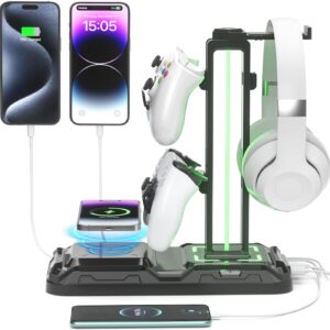 Gaming Consoles & Controllers – KDD Headset Holder and Controller Holder with Wireless Charging – Headset Controller Holder with 9 Light Modes – Controller Stand with 2 USB and Type-C Ports – Tabletop Accessories for Gamers