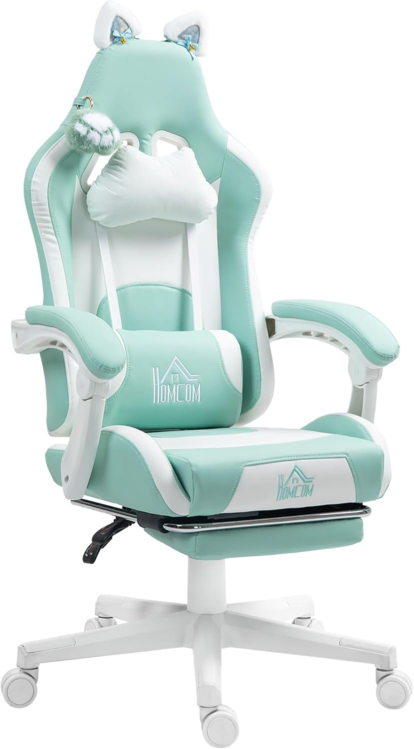 Gaming Chairs - HOMCOM Gaming Chair, Ergonomic Gamer Chair with Lumbar Support, Footrest, Gaming Chair with Cat Ears, Pillow, Height Adjustable Office Chair with Reclining Function, Faux Leather, Lake Blue