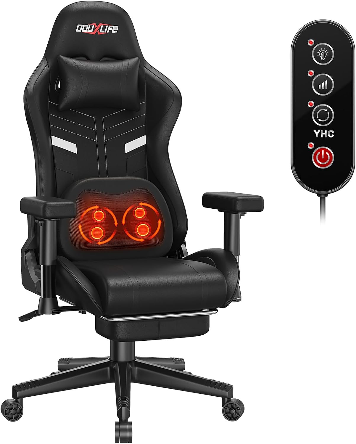 Gaming Chairs - Douxlife Gaming Chair with Kneading Massage and Heating Function, Ergonomic Office Chair with Footrest, 90°-175° Adjustable, Padded 2D Armrests, Gamer Chair PC Chair, 181 kg, Black