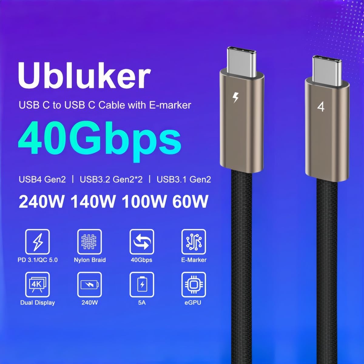 Gaming PC & Gaming Monitors - USB C to USB C Cable 40 Gbps 1 m, 240 W 100 W 60 W USB4 Cable 24 Pin for Thunderbolt 4 Emarker USB Type C 48V 5A PD3.1 Video Audio Data Sync for iPhone 16 16e 15 Galaxy S25 Display PC Mac – Bild 2
