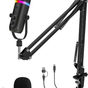 Streaming-Equipment – zealsound Podcast Microphone with Arm RGB Noise Reduction Gaming Condenser Microphone for PC & Mobile Phone with Mute Button & Echo for TikTok Streaming, Youtuber – Compatible with iPhone, Mac