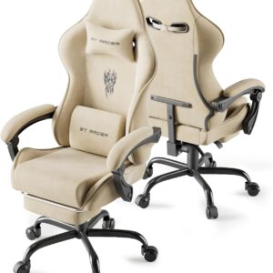 Gaming Chairs – Huracan Gaming Chair with Massage Lumbar Support, Adjustable Armrests, Gaming Chair, Ergonomic Gamer Chair with Footrest, Velvet Fabric, 90-160° Backrest Adjustable Gaming Chair, 150 kg (Beige)