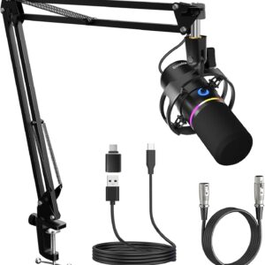 Streaming-Equipment – XLR/USB Dynamic Microphone with Arm, Streaming Microphone with Noise Cancellation, Independent Volume Control, Podcast Microphone for Studio Gaming Recording