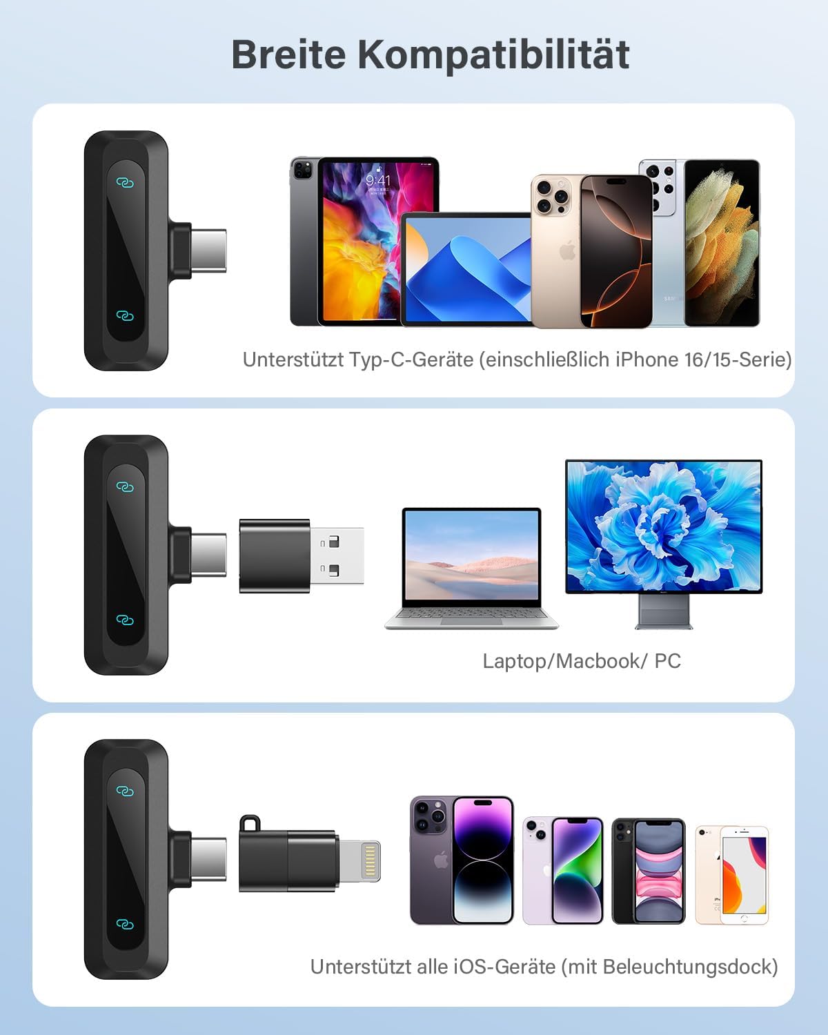 Streaming-Equipment - Wireless Lavalier Microphone for iPhone, iPad, Android Phone, 2-Pack Mini Noise Cancelling Microphone Auto Pairing and Mute and Reverb for Vlogging Video Recording TikTok YouTube – Bild 7