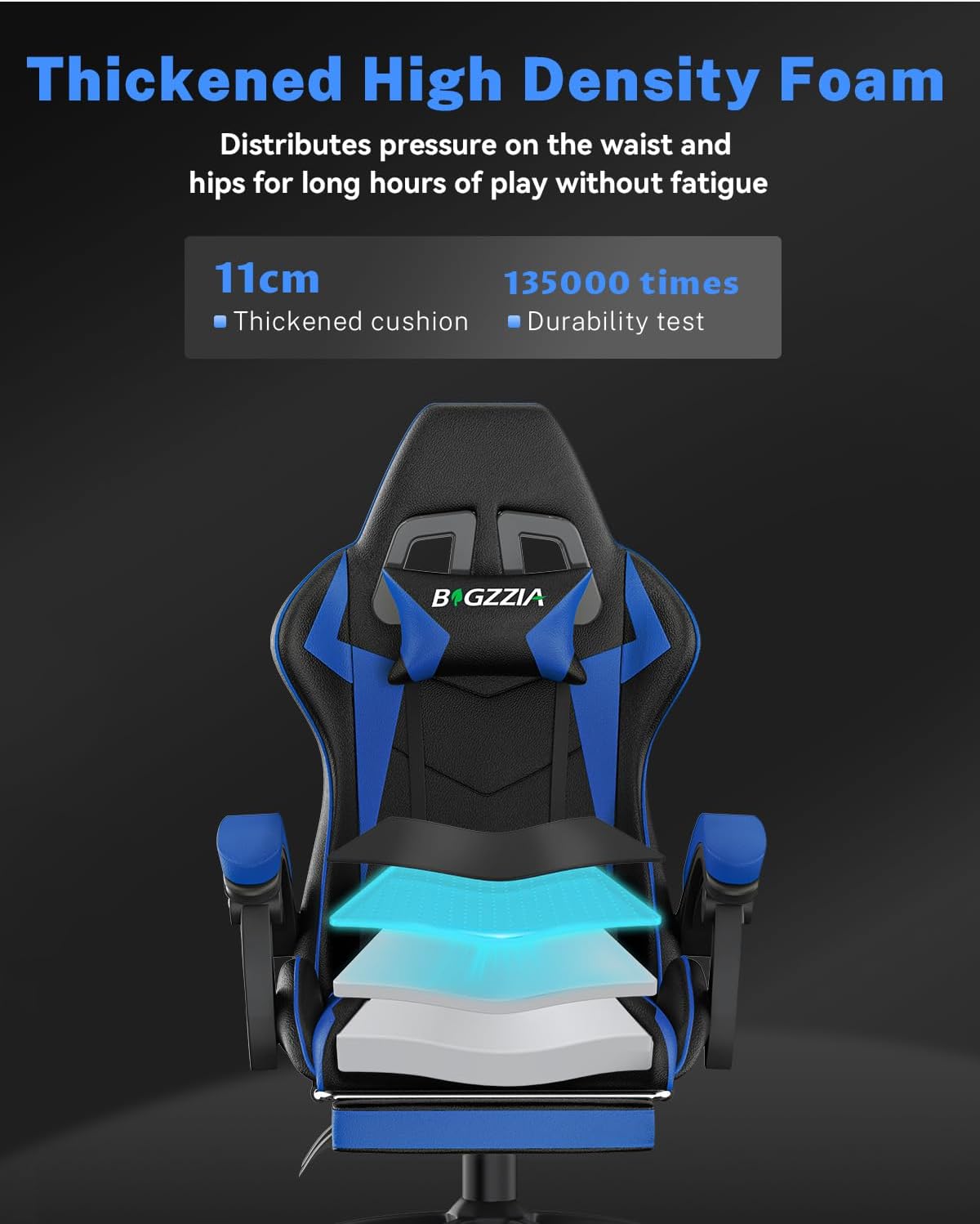 Gaming Chairs - bigzzia Gaming Chair Footrest, Gamer Chairs Ergonomic with Lumbar Cushion + Headrest, Height-Adjustable Office and Computer Chair for Adults, Girls, Boys (Blue) – Bild 4