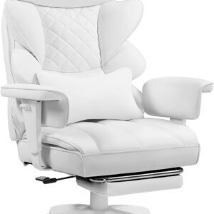 Gaming Chairs – Dowinx Gaming Chair, Office Chair Ergonomic with Pocket Spring Cushion, Executive Chair with Double Layer Soft Backrest and Adjustable Lumbar Cushion, Armrests and Footrest, PC Chair (PU, White)