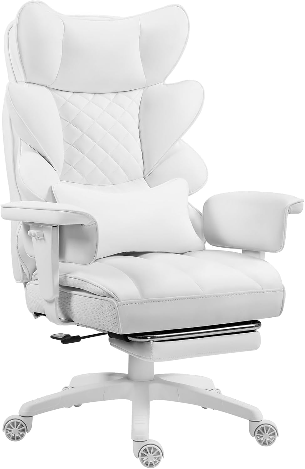 Gaming Chairs - Dowinx Gaming Chair, Office Chair Ergonomic with Pocket Spring Cushion, Executive Chair with Double Layer Soft Backrest and Adjustable Lumbar Cushion, Armrests and Footrest, PC Chair (PU, White)