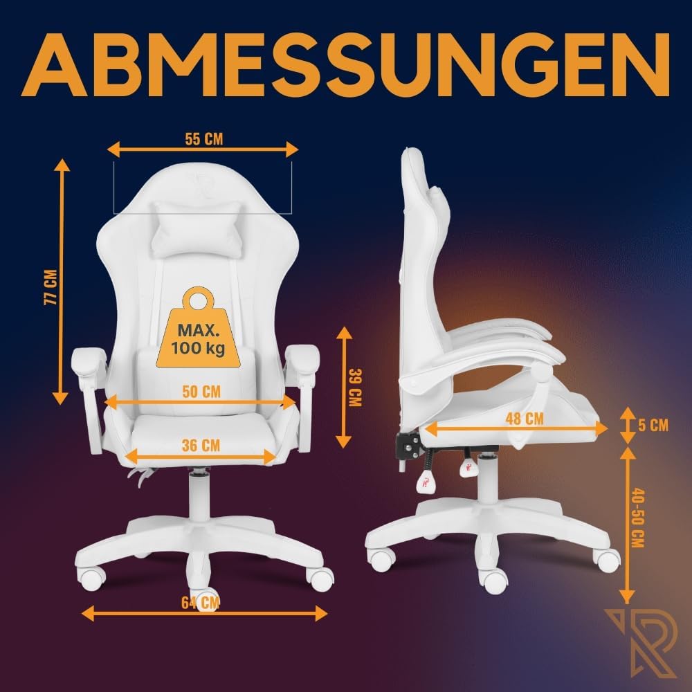 Gaming Chairs - Apollo Gaming Chair, Office Chair, PC Chair, Gamer Chair with Headrest, Lumbar Cushion and Armrests, Adjustable Backrest 90-135°, Gaming Chair, White – Bild 2