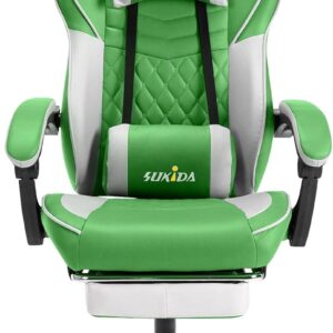 Gaming Chairs – SUKIDA Gaming Chair, Ergonomic Gaming Chair with Footrest, Racing Gamer Chair 90-135° Adjustable Backrest, Computer Chair Height Adjustable Lumbar Support, Green White