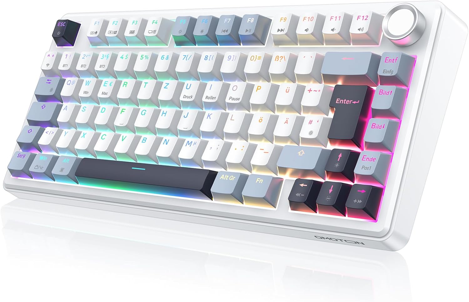 Gaming Tastatur & Maus - OMOTON Mechanical Keyboard Gaming Gasket QWERTZ ISO-DE Layout, Hot-Swap Wireless Gamer Keyboard 75% RGB with Five Layer Attenuation & Button, Bluetooth/2.4G/USB-C, Creamy Linear Switch, MK211