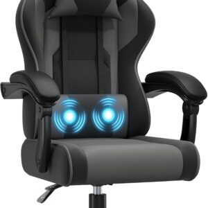 Gaming Chairs – JUMMICO Gaming Chair with Massage Function, Office Chair Ergonomic 150 kg, Gamer Chair with 50 cm Extra Wide Seat Cushion, Grey