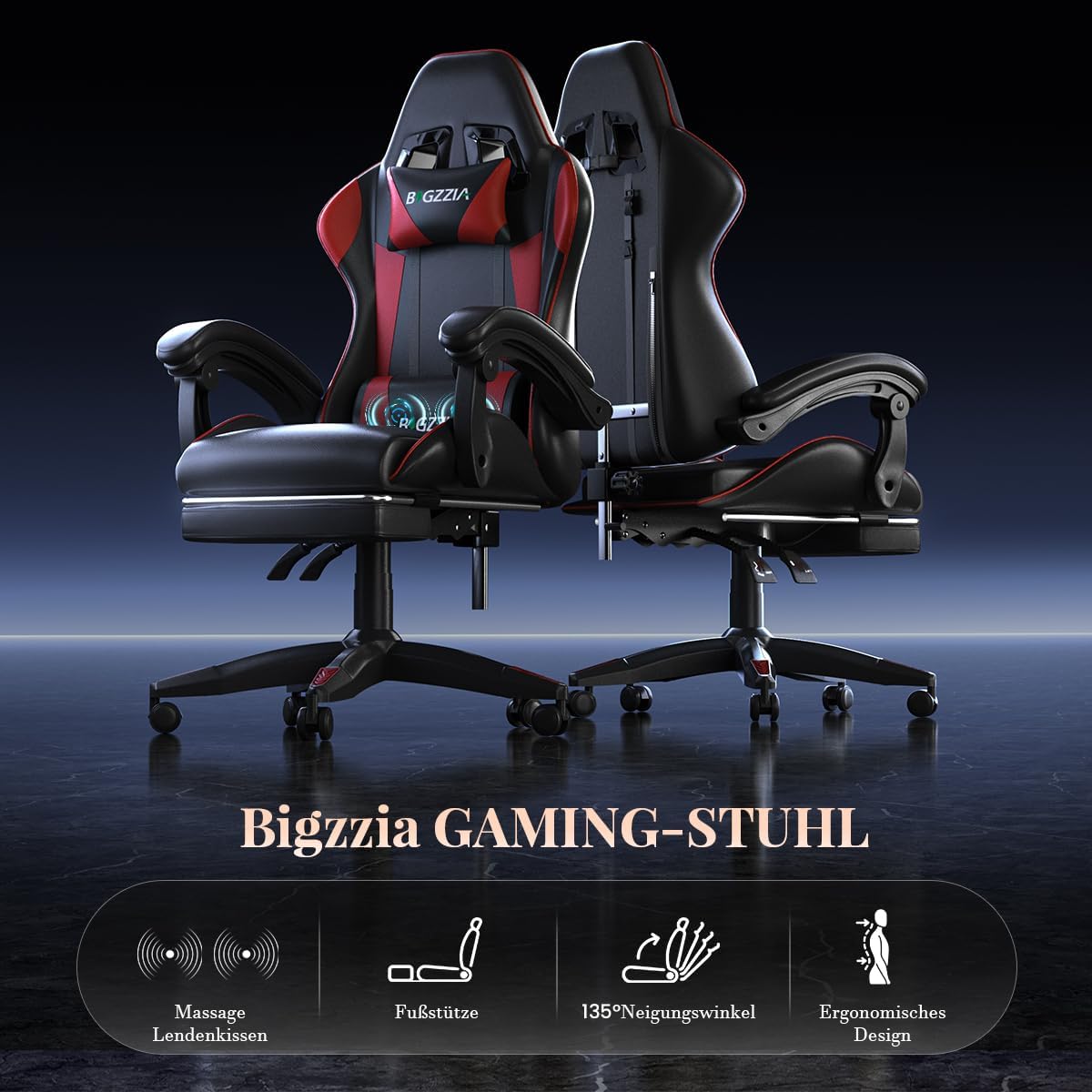 Gaming Chairs - bigzzia Gaming Chair with Massage Function and Footrest, Ergonomic Gaming Chair Adjustable Backrest 90-135°, Gaming Chair with Massage Lumbar Cushion and Headrest, Gamer Chair, Red – Bild 5