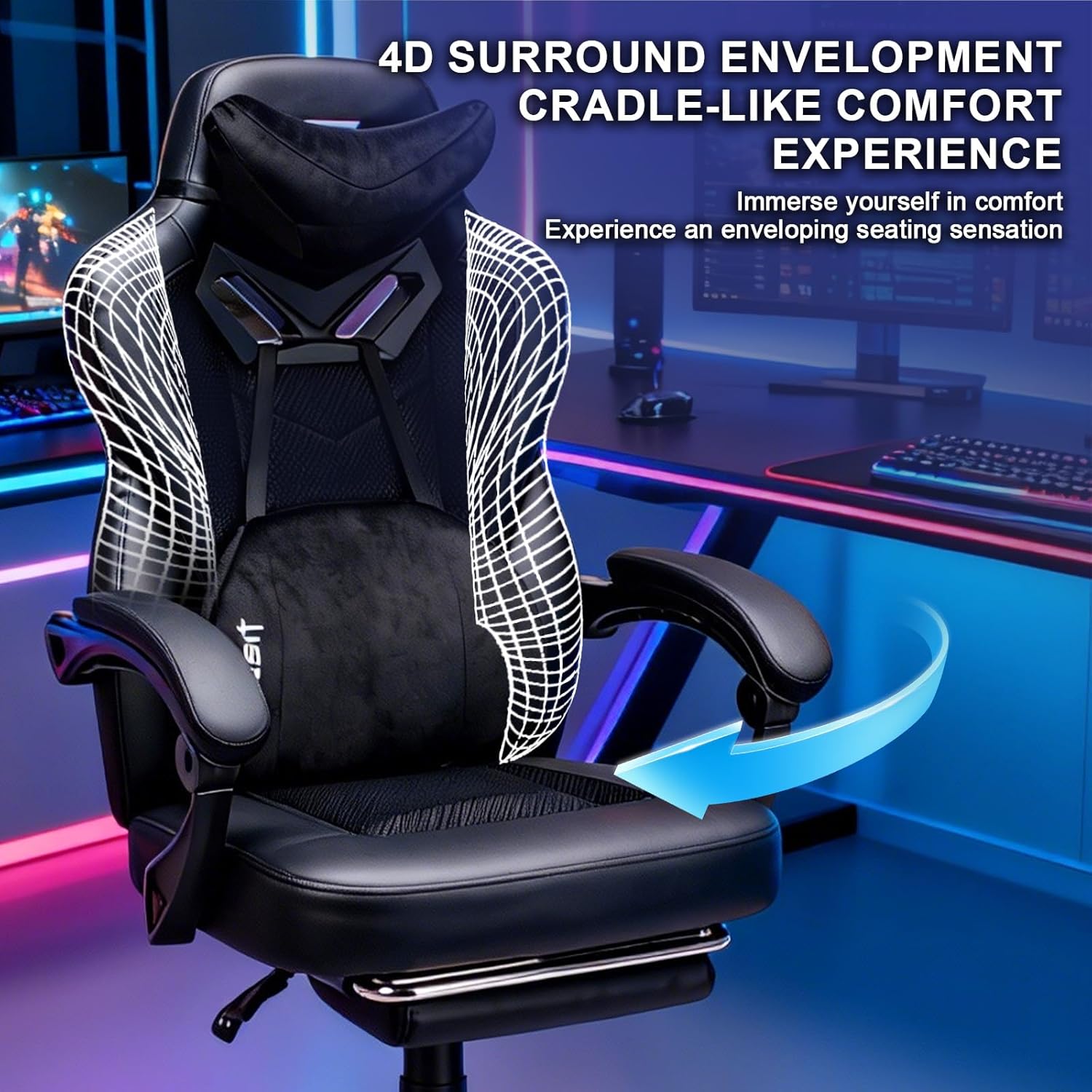 Gaming Chairs - Pro Gaming Chair with Footrest, Mesh. PC. Office Chair with Massage Function, Ergonomic Reclining Gaming Chair, 150 kg Load Capacity, Large, High, Black – Bild 4