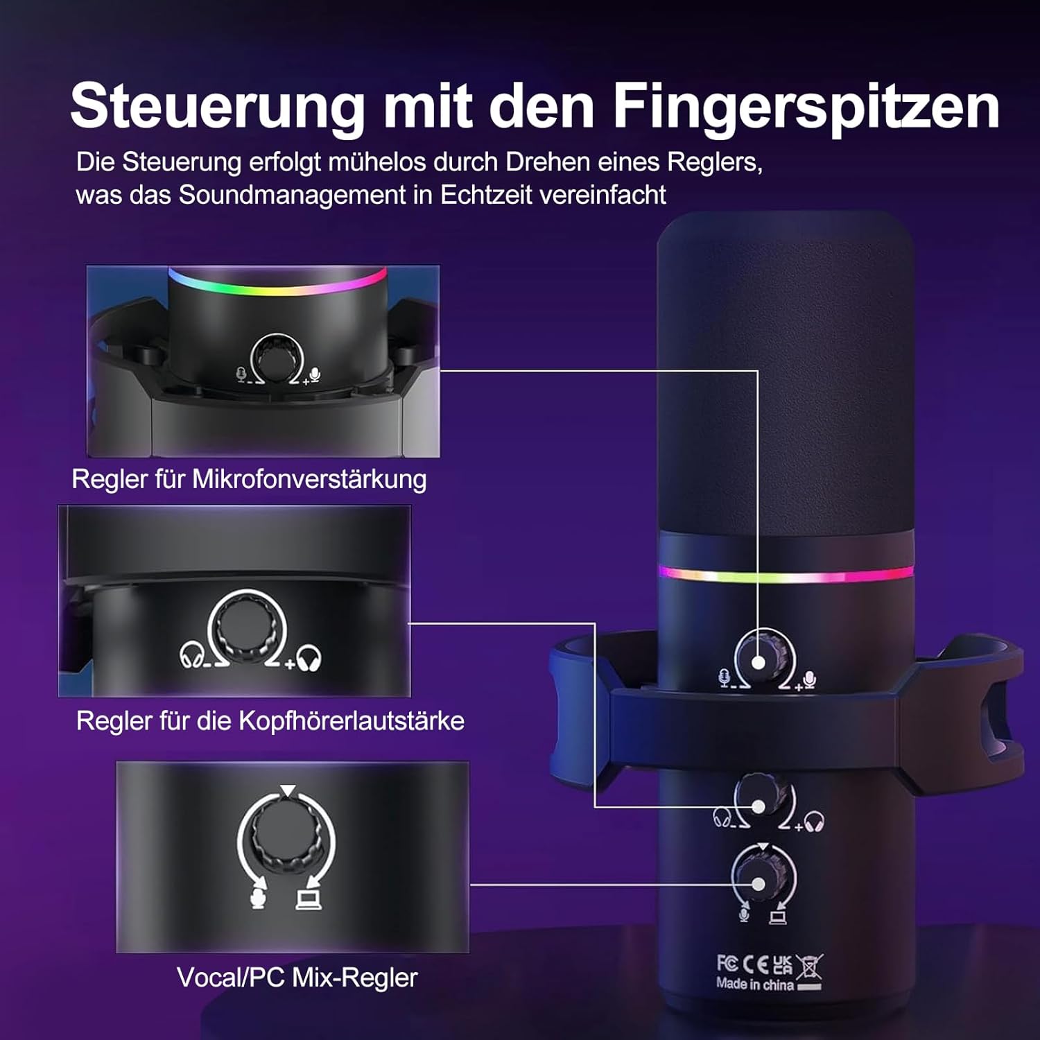 Streaming-Equipment - XLR/USB Dynamic Microphone with Arm, Streaming Microphone with Noise Cancellation, Independent Volume Control, Podcast Microphone for Studio Gaming Recording – Bild 3